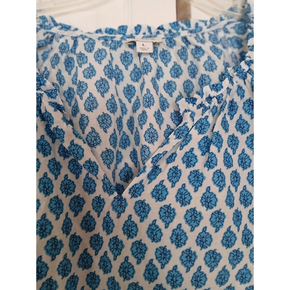 J.Crew Blue Block Floral Print Artist Boho Top Popover Shirt Sz Large - Picture 3 of 10